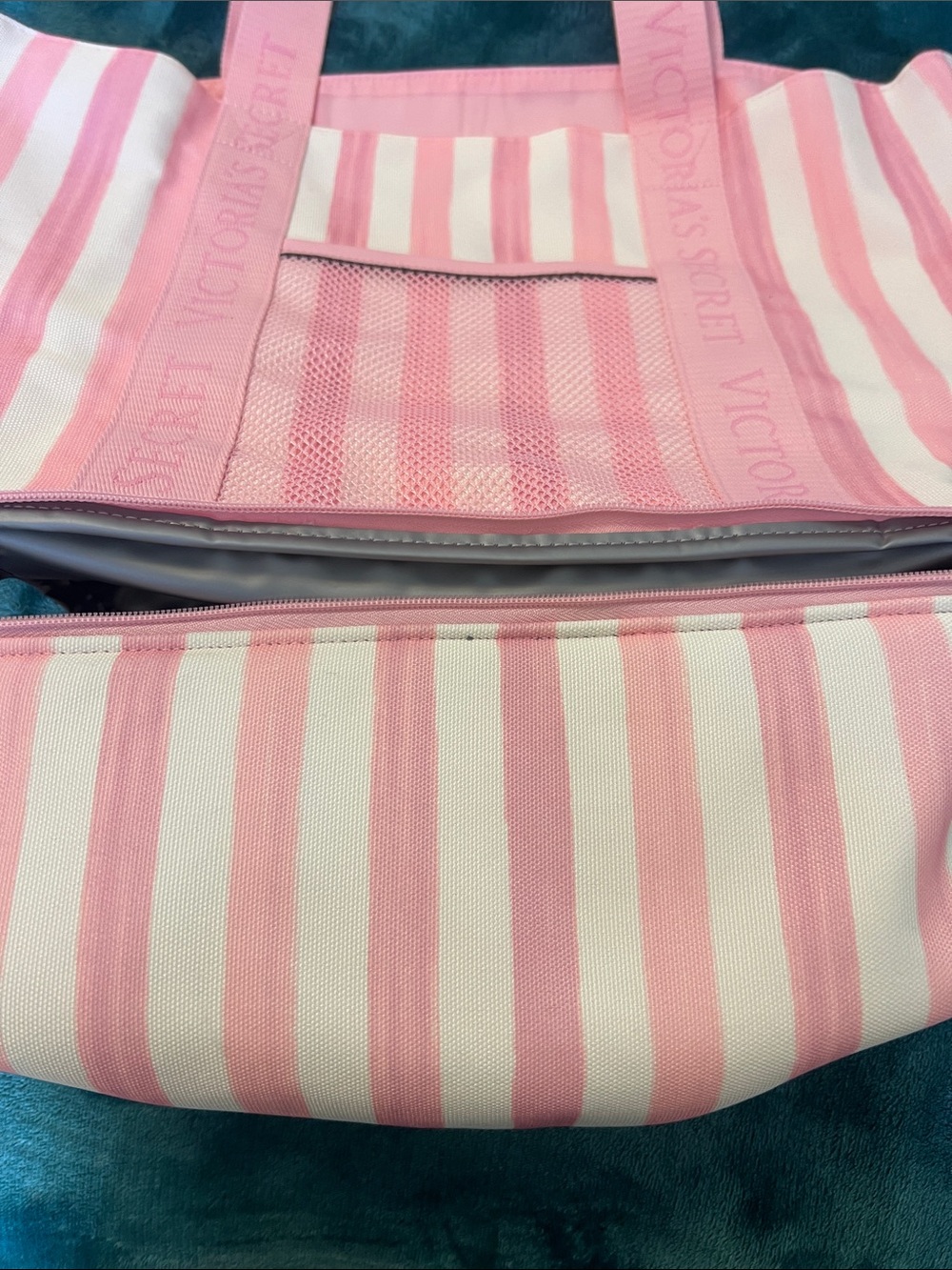 Victoria's Secret Pink and White Striped Tote with Bottom Zip Compartment - Picture 2 of 13
